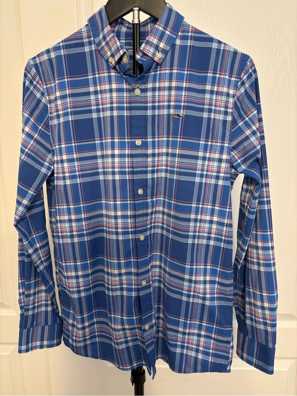 Vineyard Vines Boys Performance Plaid Button Down Shirt Blue Coral Stretch Large